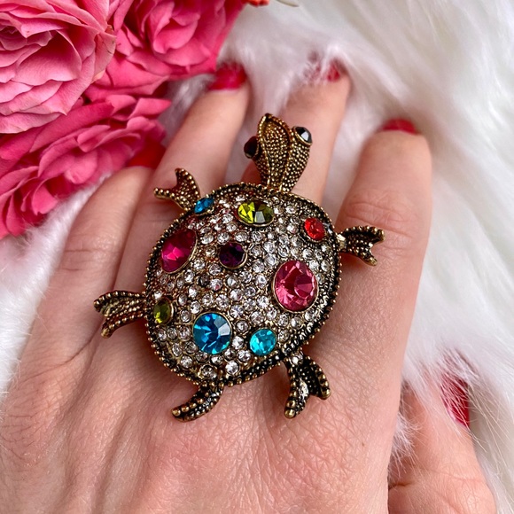 Sea Turtle statement ring rainbow rhinestone - Picture 3 of 7